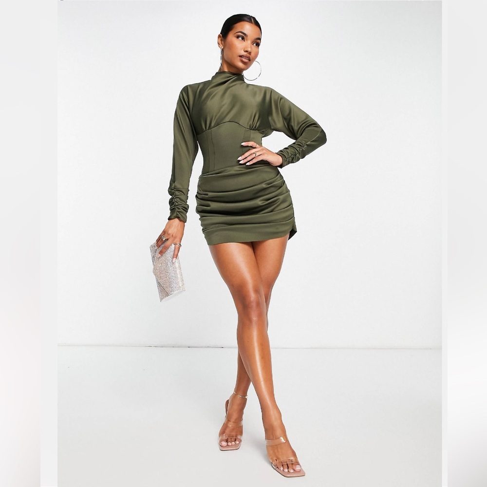 ASOS Design Structured Waist Mini Dress with Drape Detail in Khaki